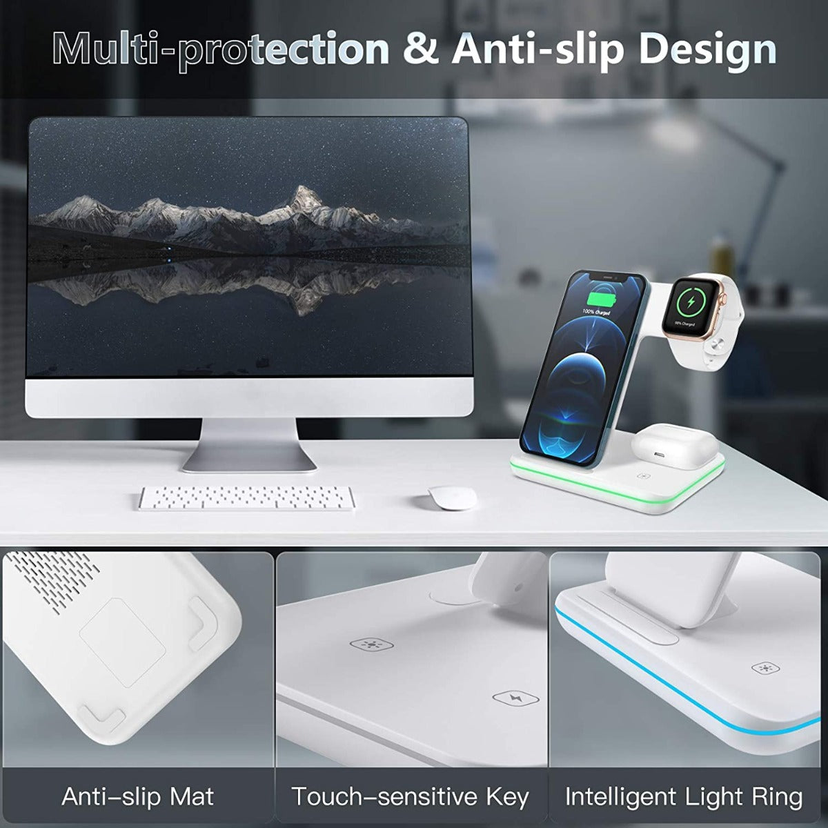 NÖRDIC QI-502 Draadloze oplaadstation 3 in 1 - Voor draadloos opladen - Wit