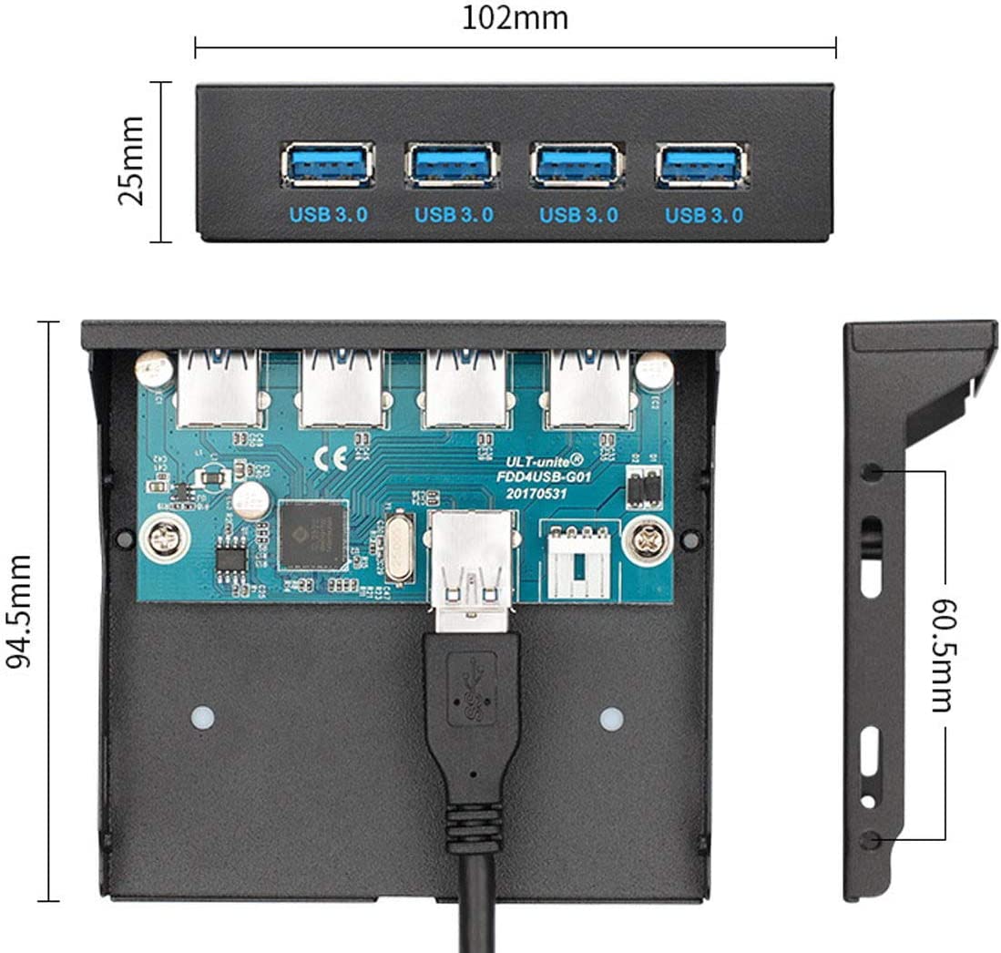 NÖRDIC RAM-101 PC frontpaneel - 3,5-inch - 4x USB3.0 - 5 Gbps - 20-pins aansluiting - Zwart