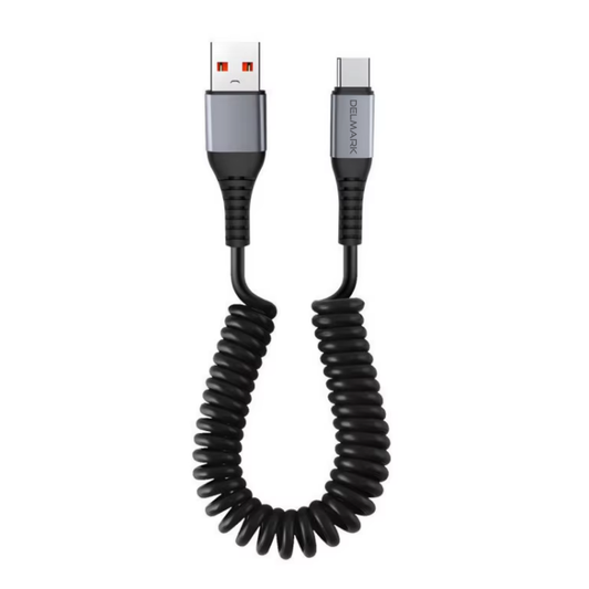 Delmark Krulsnoer USB-A naar USB-C Kabel – 66W Fast Charging Spiraalkabel – 3A Quick Charge & PD – Elastische Krulkabel – Grijs/Zwart