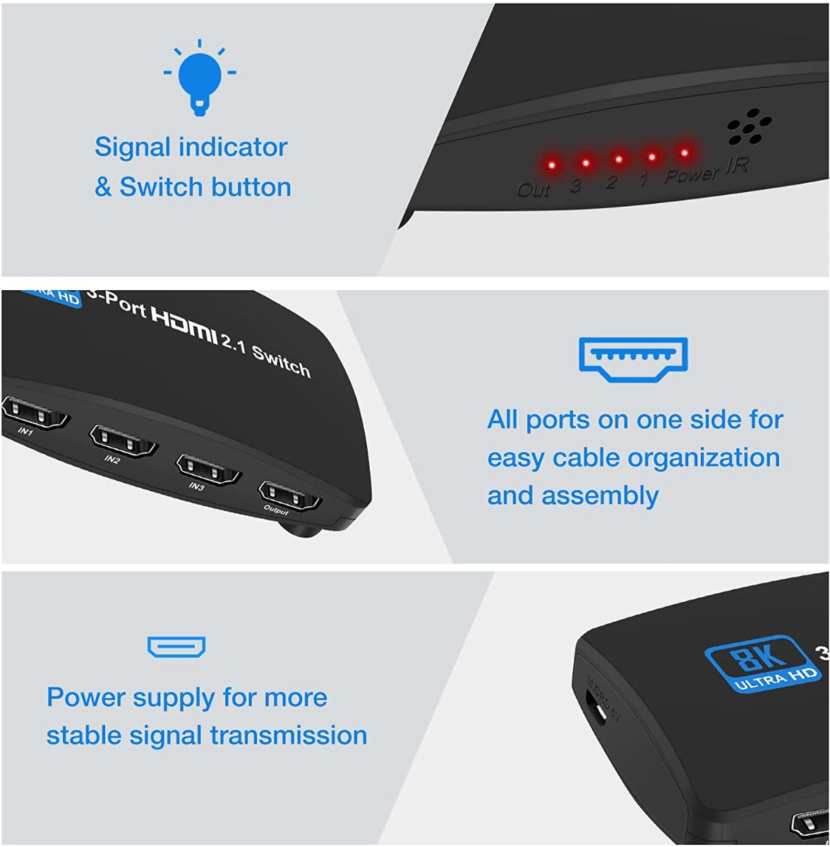 NÖRDIC SGM-207 HDMI 2.1 switch 3 to 1 - 8K60Hz - 48Gbps - Black