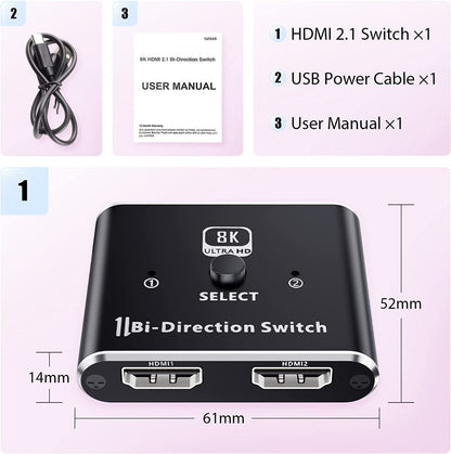 NÖRDIC SGM-215 HDMI Switch 2 naar 1 - 4K120Hz - Splitter 1 naar 2 - 48Gbps - Zwart