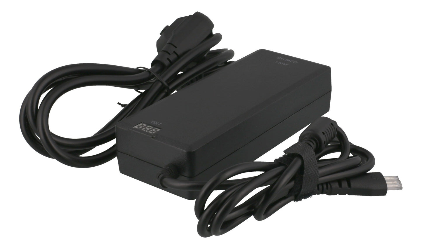 DELTACO SMP-120WD, Universele Oplader voor Laptops, LED-display, autospanning, diverse connectoren, zwart