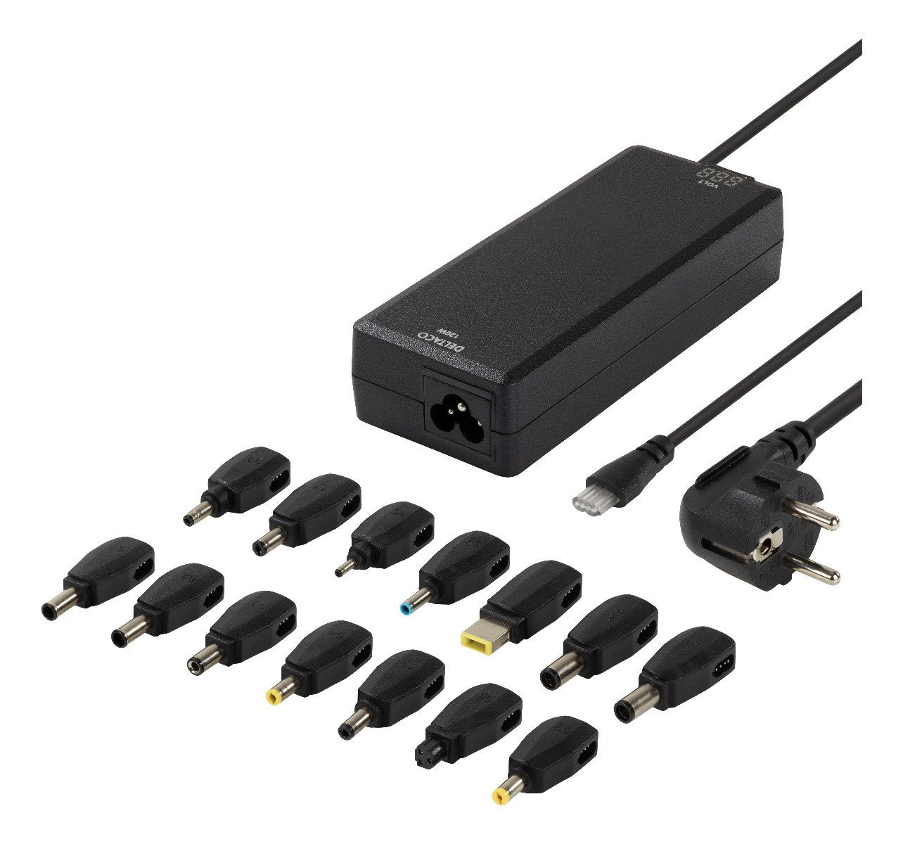 DELTACO SMP-120WD, Universele Oplader voor Laptops, LED-display, autospanning, diverse connectoren, zwart