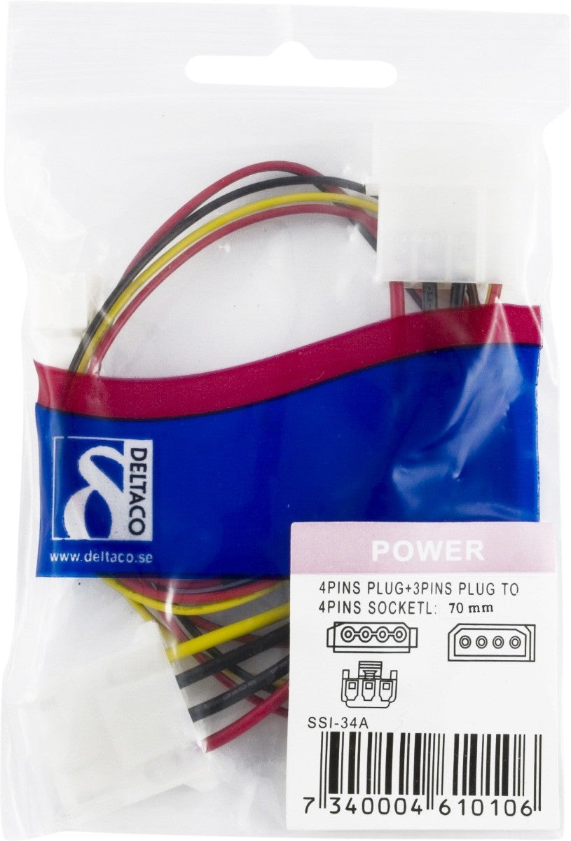 DELTACO SSI-34A, 2x 3-pin 2x 4-pin zwart, Rood, Geel kabeladapter/verloopstukje