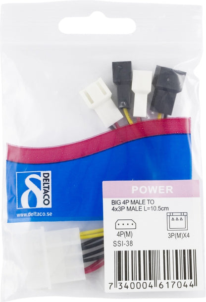 DELTACO SSI-38 Adapterkabel voor ventilatoren, van 4-pins naar 4x3-pins