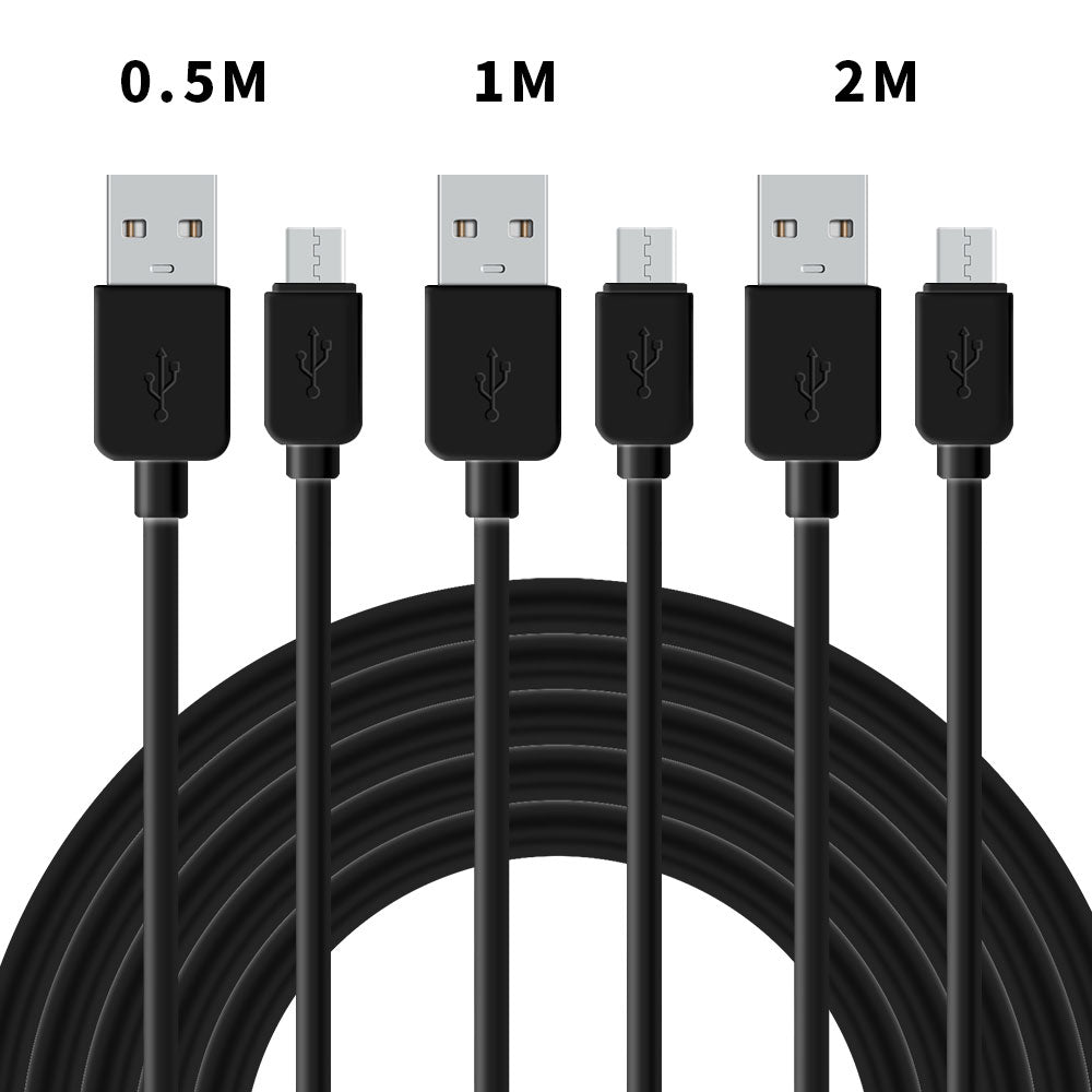 NÖRDIC KABELKIT-6 USB-A naar Micro-USB kabel, 3 stuks, 0.5 meter, 1 meter, 2 meter, 2.0 oplaadkabel, 2,4 A, 480 Mbps, Zwart