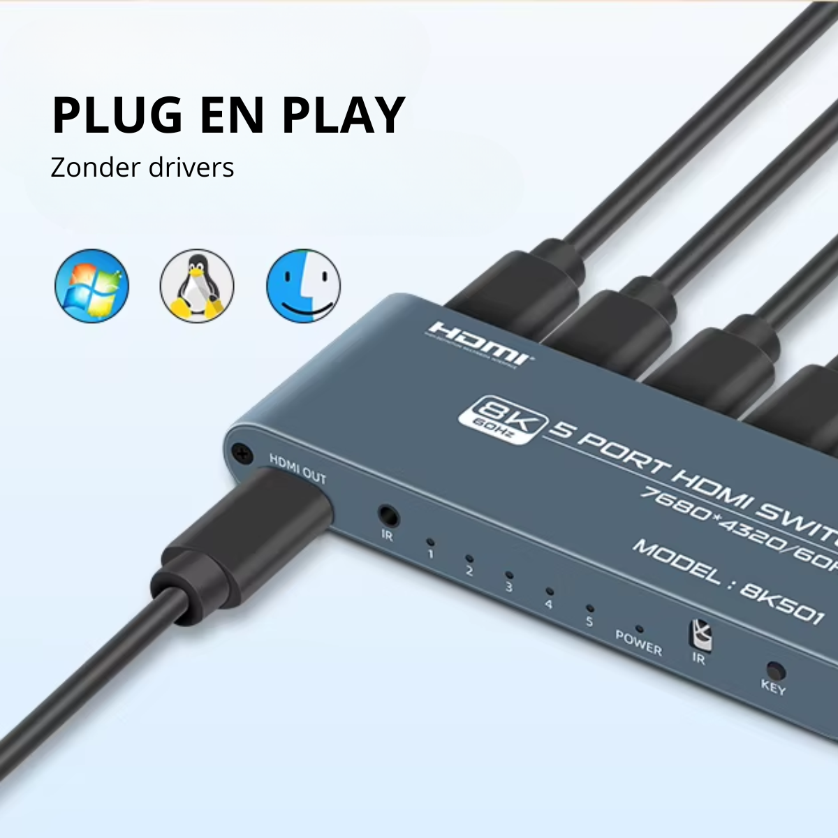 Delmark 5 naar 1 HDMI 2.1 Switch - 8K/60Hz - Aluminium Behuizing - IR Afstandsbediening - 5 apparaten op 1 Monitor