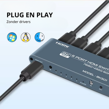 Delmark 5 naar 1 HDMI 2.1 Switch - 8K/60Hz - Aluminium Behuizing - IR Afstandsbediening - 5 apparaten op 1 Monitor