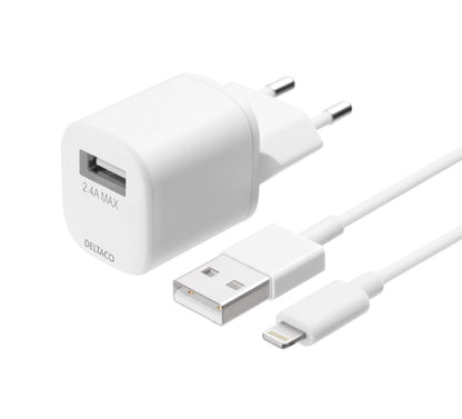 DELTACO USB-AC181 USB wall charger with Lightning cable MFi - 1 meter - White