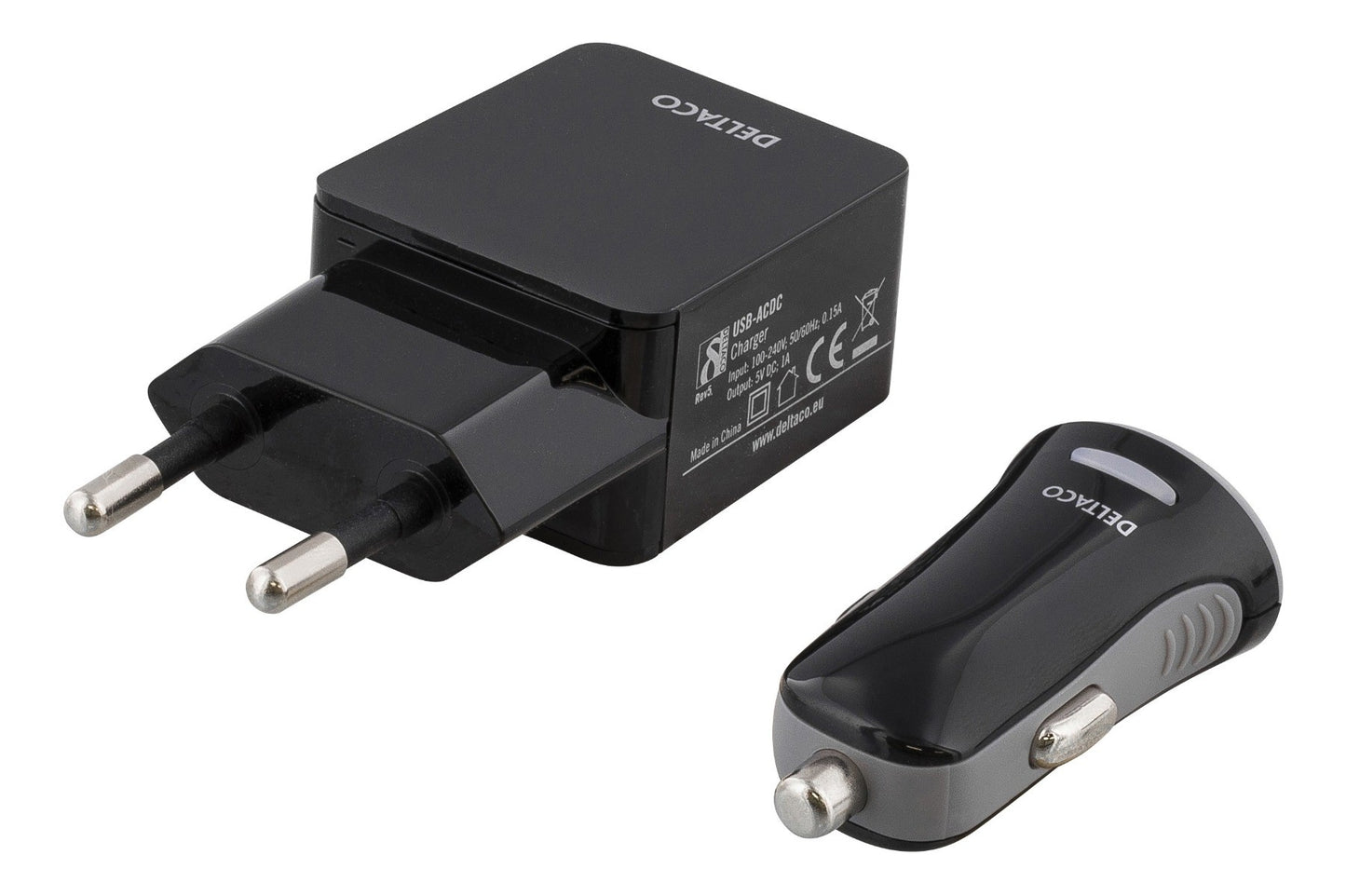 DELTACO USB-ACDC 1A Oplaadset - Autolader - Wandlader - Micro-USB kabel - Lightning MFi - Zwart - 1 meter