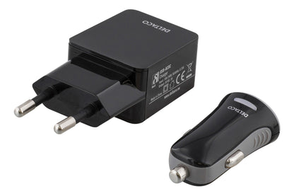 DELTACO USB-ACDC 1A Oplaadset - Autolader - Wandlader - Micro-USB kabel - Lightning MFi - Zwart - 1 meter