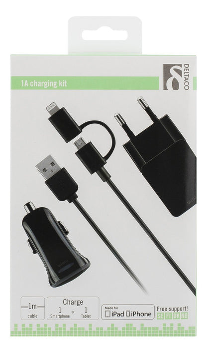 DELTACO USB-ACDC 1A Oplaadset - Autolader - Wandlader - Micro-USB kabel - Lightning MFi - Zwart - 1 meter
