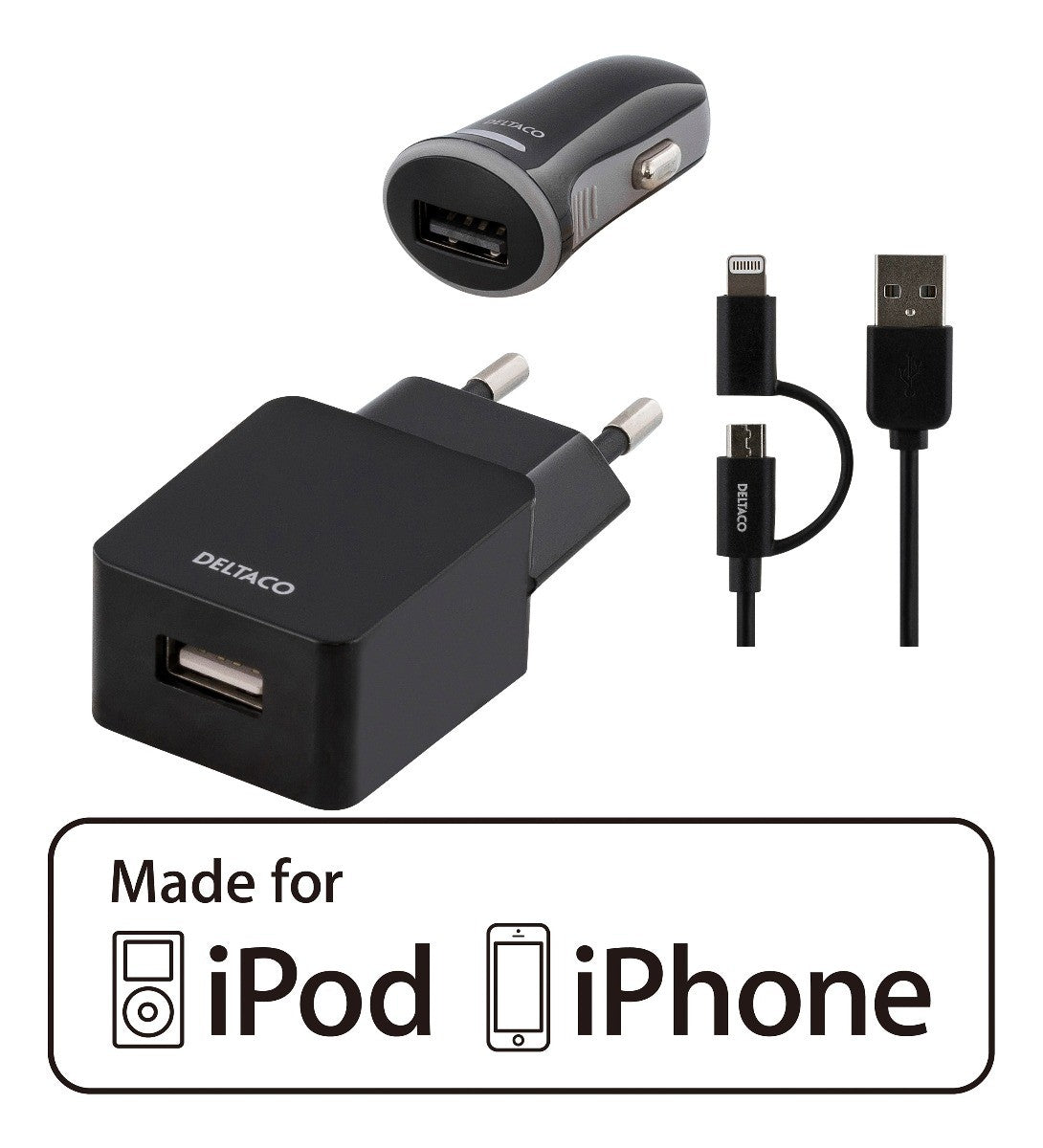 DELTACO USB-ACDC 1A Oplaadset - Autolader - Wandlader - Micro-USB kabel - Lightning MFi - Zwart - 1 meter