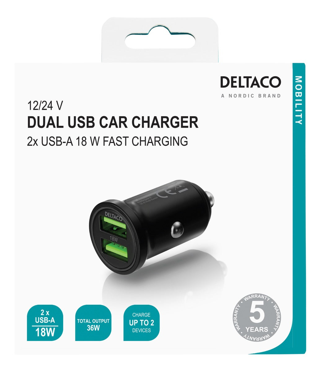 DELTACO USB-CAR128 Car Charger with Dual USB-A Ports - 36W - Black