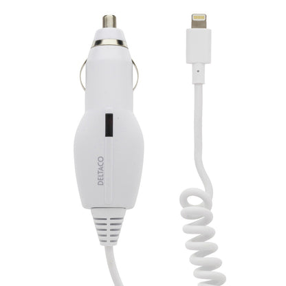 DELTACO USB-CAR72, Autolader met lightning aansluiting, 1A, MFi , 1,8 m spiraalkabel, wit