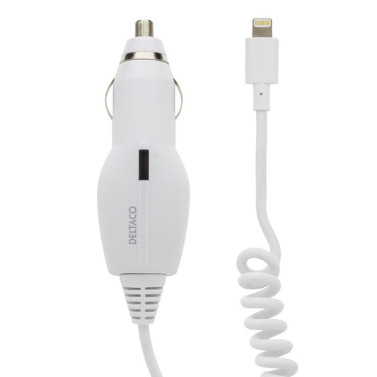 DELTACO USB-CAR72, Autolader met lightning aansluiting, 1A, MFi , 1,8 m spiraalkabel, wit