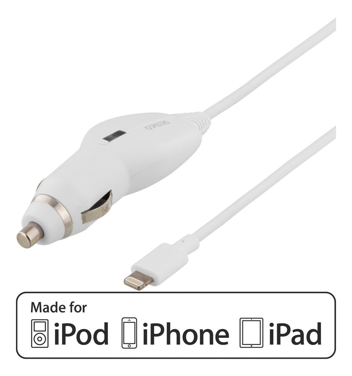 DELTACO USB-CAR72, Autolader met lightning aansluiting, 1A, MFi , 1,8 m spiraalkabel, wit