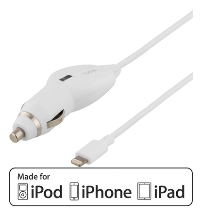 DELTACO USB-CAR72, Autolader met lightning aansluiting, 1A, MFi , 1,8 m spiraalkabel, wit