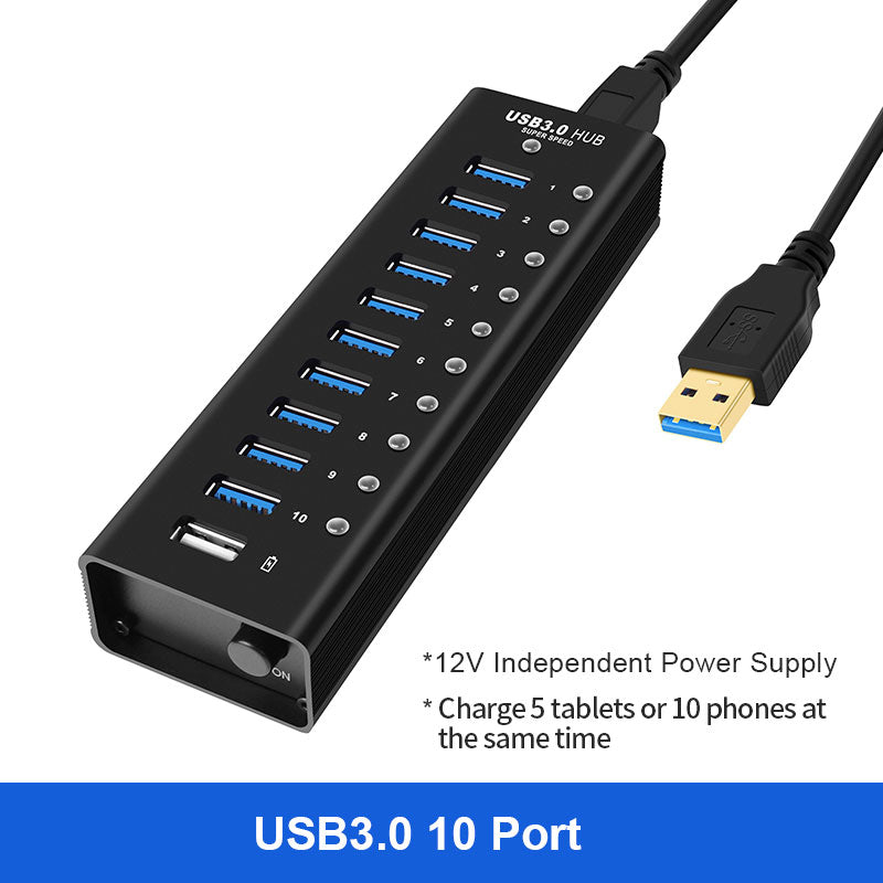 NÖRDIC USB-HUB410 USB Hub - 11 Poorten - USB 3.0 - 5Gbps - Met schakelaar - Zwart