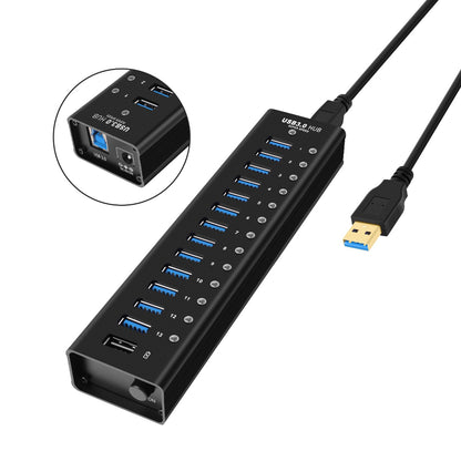 NÖRDIC USB-HUB413 USB Hub - 14 Poorten - USB 3.0 - 5Gbps - Met schakelaar - Zwart