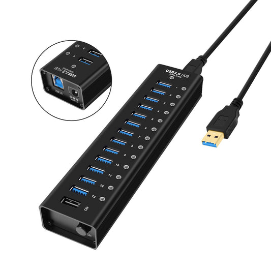 NÖRDIC USB-HUB413 USB Hub - 14 Ports - USB 3.0 - 5Gbps - With switch - Black
