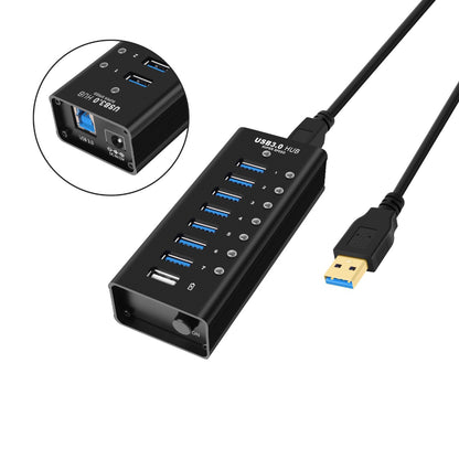 NÖRDIC USB-HUB47 USB hub - 8 Poorten - USB3.0 - 5Gbps - Met schakelaar - Zwart