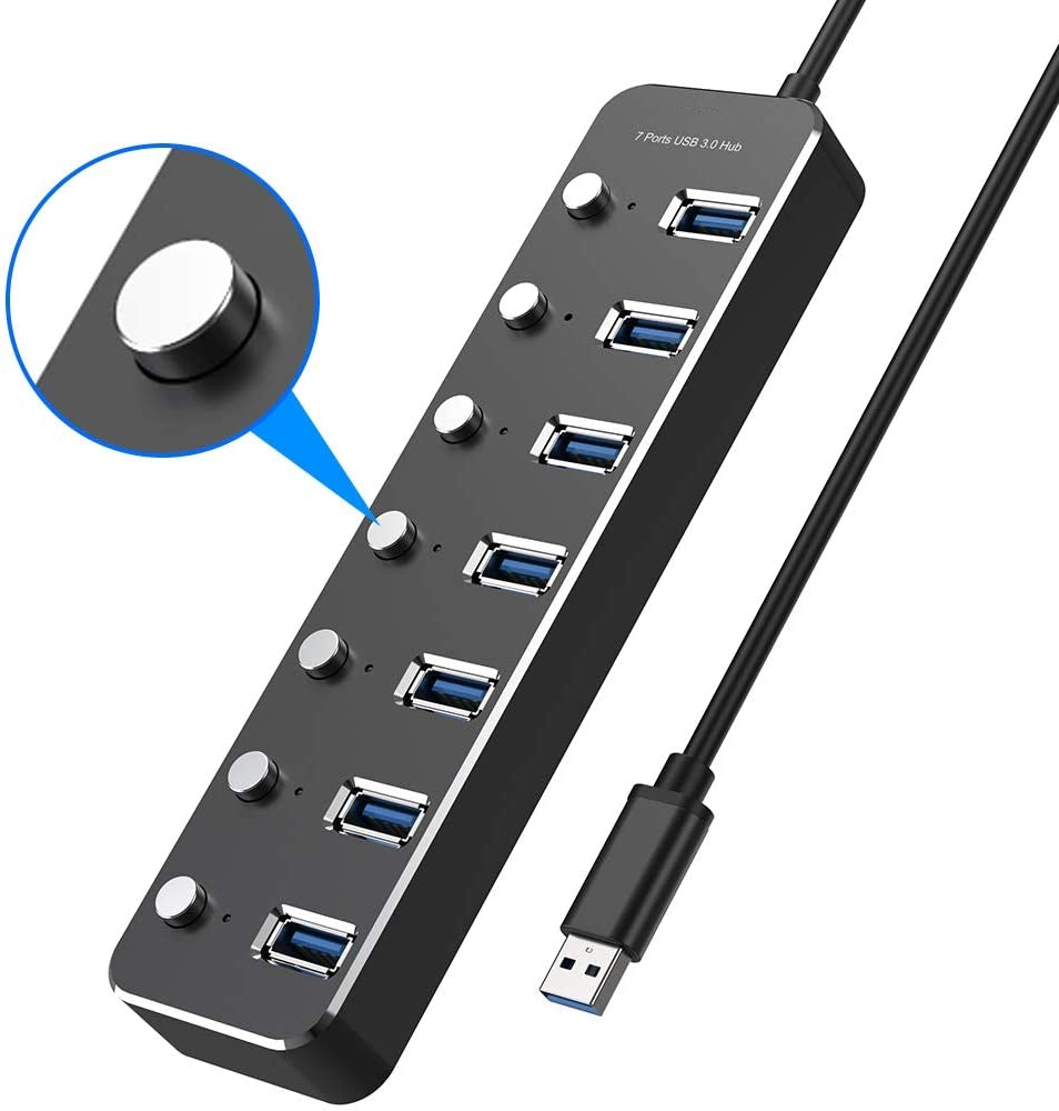 NÖRDIC USB-HUB7 USB naar 7x USB hub - USB3.0 - 5Gbps - Met ingang voor 5V2A oplader - Zwart