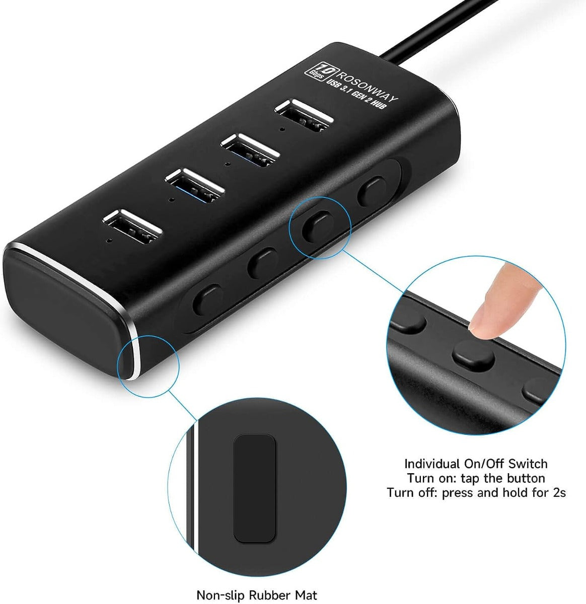 NÖRDIC USB-HUB80 USB naar 4x USB Hub - USB 3.2 Gen 2 - 10 Gbps - 1m Kabel - Zwart