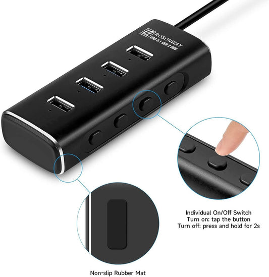 NÖRDIC USB-HUB80 USB to 4x USB Hub - USB 3.2 Gen 2 - 10 Gbps - 1m Cable - Black