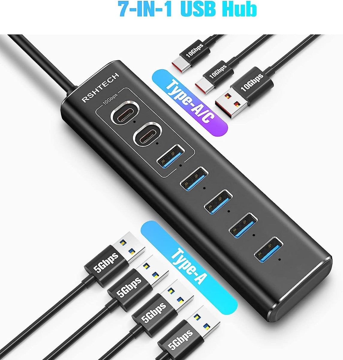 NÖRDIC USB-HUB81 2x USB-C naar 5x USB Hub - 7 Poorten - 3x10Gbps - 4x5Gbps - Zwart