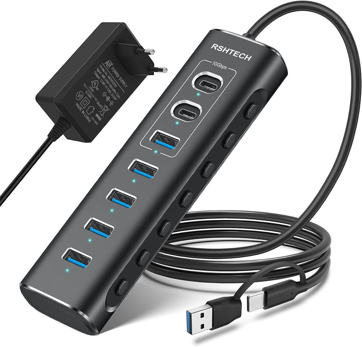 NÖRDIC USB-HUB81 2x USB-C naar 5x USB Hub - 7 Poorten - 3x10Gbps - 4x5Gbps - Zwart