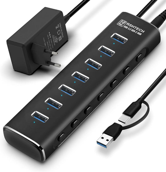 NÖRDIC USB-HUB82 USB-C to 7x USB Hub - USB 3.1 Gen 2 / USB 3.2 Gen 2 - 7x10Gbps - Black