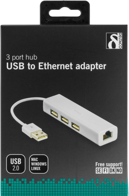 DELTACO USB2-LAN3 USB 2.0 Netwerkadapter met USB-hub - Wit