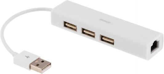 DELTACO USB2-LAN3 USB 2.0 Netwerkadapter met USB-hub - Wit