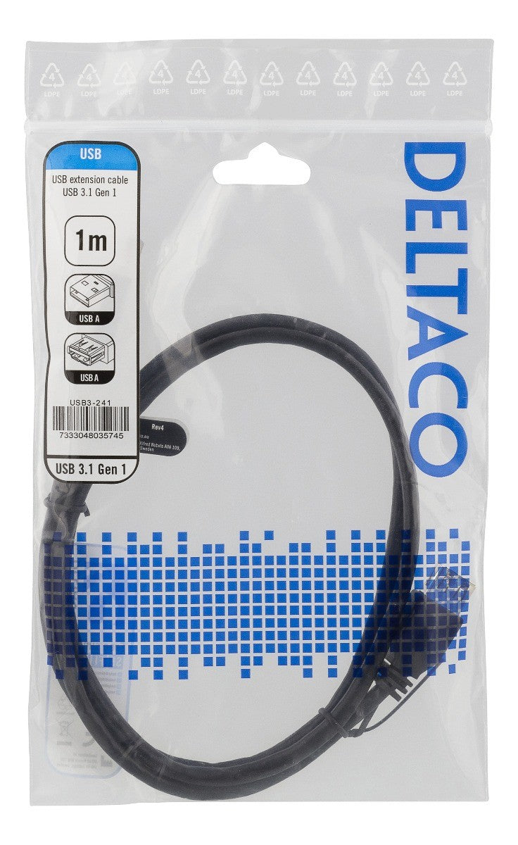 DELTACO USB3-241, USB 3.1 Gen1 verlengkabel, USB-A mannelijk naar USB-A vrouwelijk, zwart - 1 meter