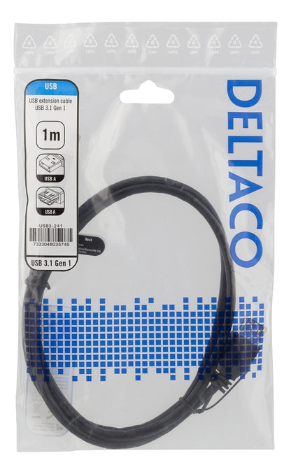 DELTACO USB3-241, USB 3.1 Gen1 verlengkabel, USB-A mannelijk naar USB-A vrouwelijk, zwart - 1 meter