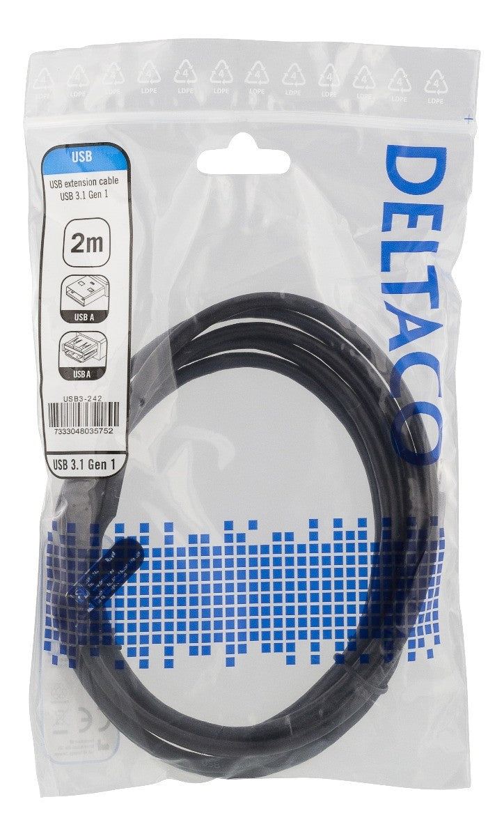 DELTACO USB3-242, USB 3.1 Gen1 extension cable, USB-A male to USB-A female, black - 2 meters