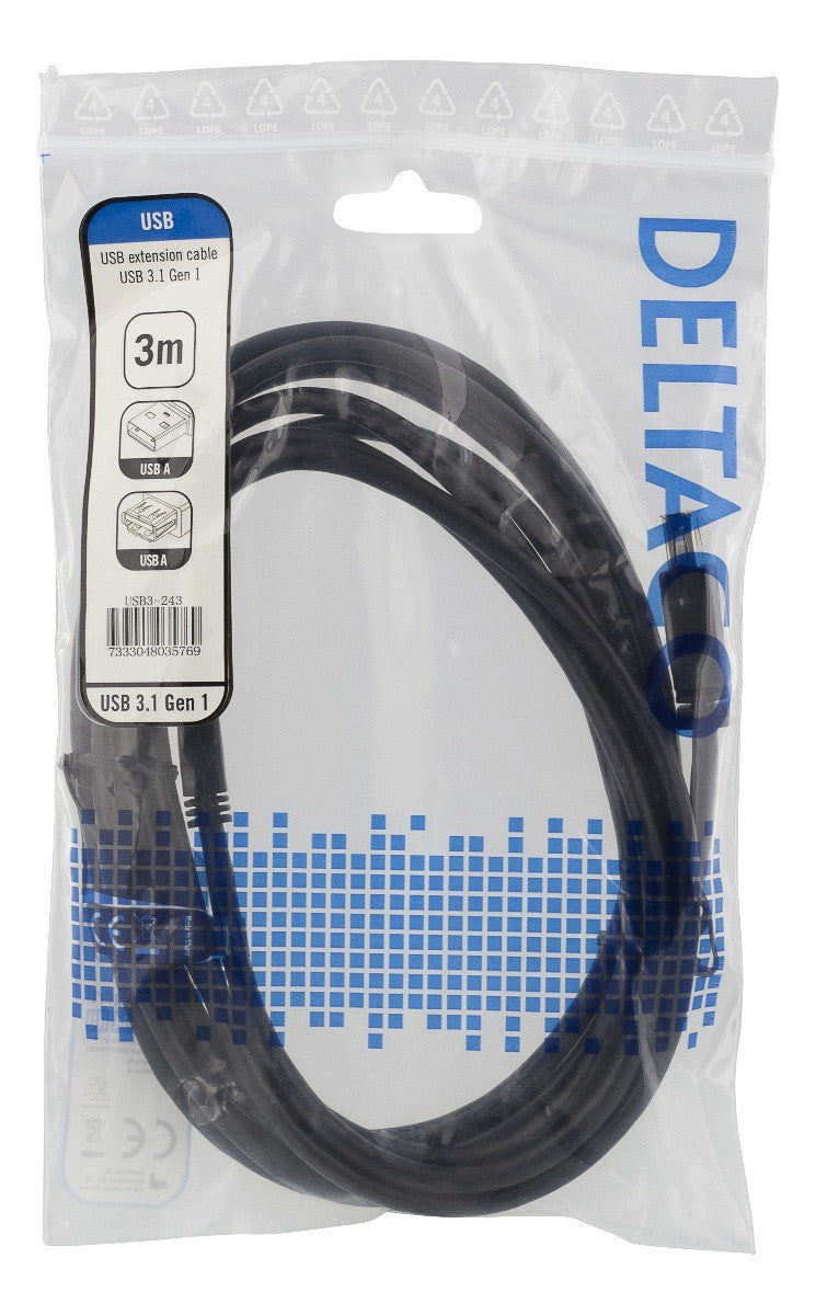 DELTACO USB3-243, USB 3.1 Gen1 verlengkabel, USB-A mannelijk naar USB-A vrouwelijk, zwart - 3 meter