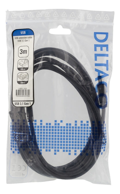 DELTACO USB3-243, USB 3.1 Gen1 verlengkabel, USB-A mannelijk naar USB-A vrouwelijk, zwart - 3 meter