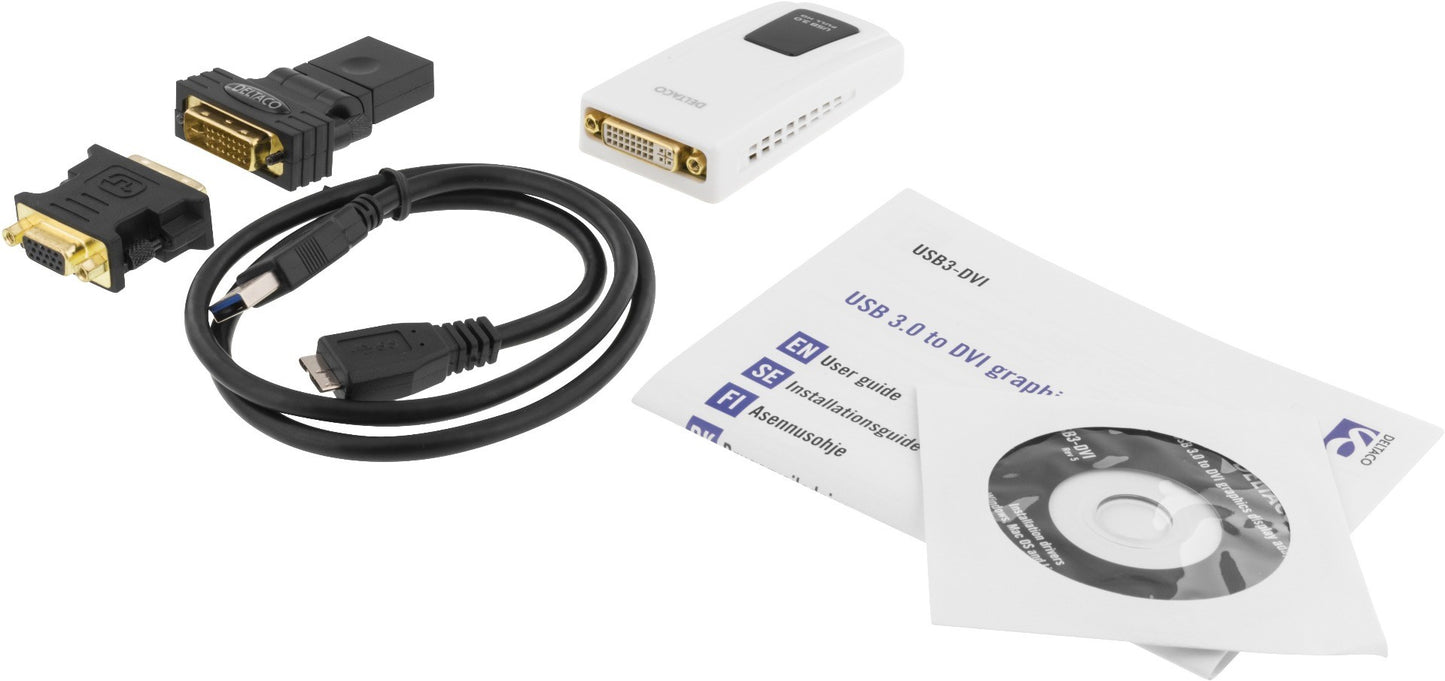 DELTACO USB3-DVI, USB 3.0 naar DVI/HDMI/VGA adapter - externe videokaart, Dual Link, Multi Monitor Windows & MAC OS 2048x1152, Wit