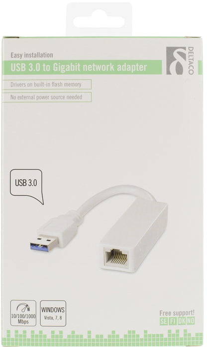 DELTACO USB3-GIGA4 USB 3.0 naar Gigabit Ethernet RJ45 10/100/1000 Mbit adapter macOS, Linux en Windows wit