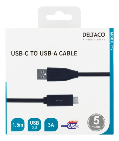 DELTACO USBC-1005M USB-C to USB-A cable, 3A, black - 1.5 meters