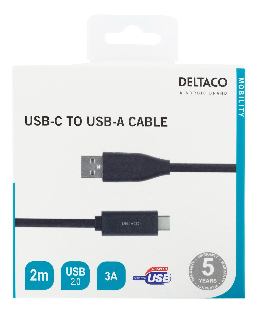 Deltaco USBC-1006M 	USB-C naar USB-A kabel - 3A - 2 meter - Zwart