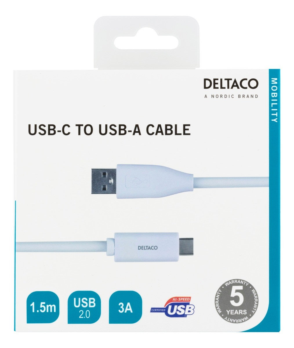 DELTACO USBC-1010M USB-C naar USB-A-kabel, 3A, wit - 1,5 meter