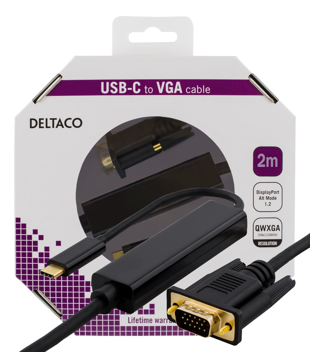 Deltaco USBC-1087-K USB-C naar VGA kabel - QWXGA 2048x1152 in 60Hz - 2 meter - Zwart