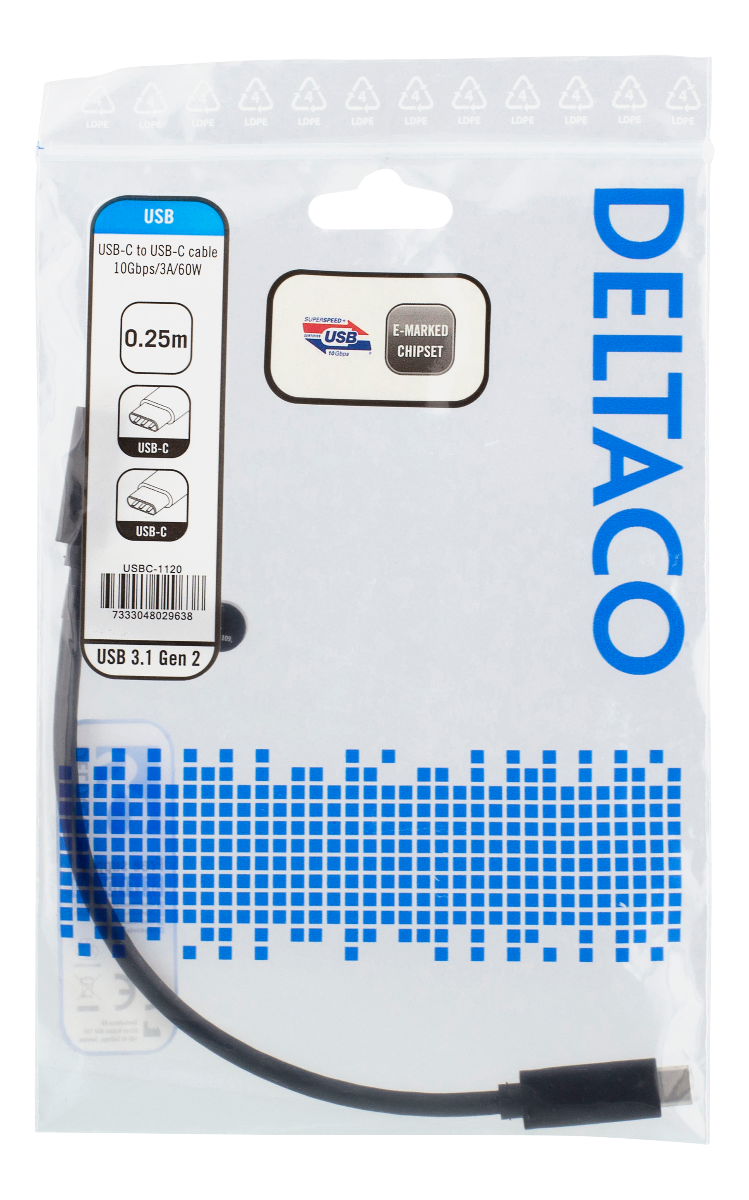 DELTACO USBC-1120 USB-C naar USB-C SuperSpeed kabel 3A 60W (3.1 Gen 2) - 25cm - Zwart