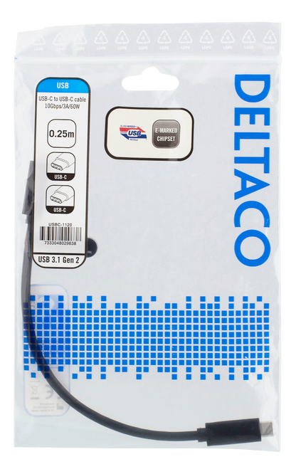 DELTACO USBC-1120 USB-C naar USB-C SuperSpeed kabel 3A 60W (3.1 Gen 2) - 25cm - Zwart