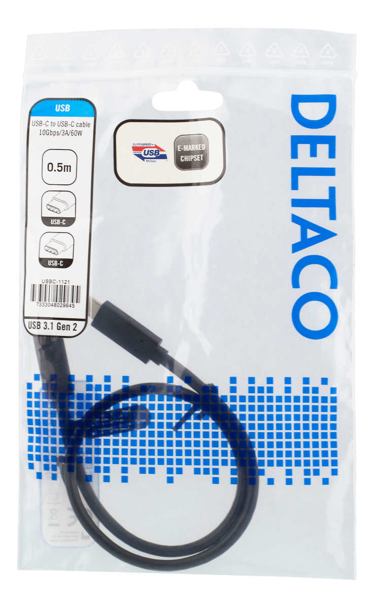 DELTACO USBC-1121 USB-C naar USB-C SuperSpeed kabel 3A 60W (3.1 Gen 2) - 50cm - Zwart