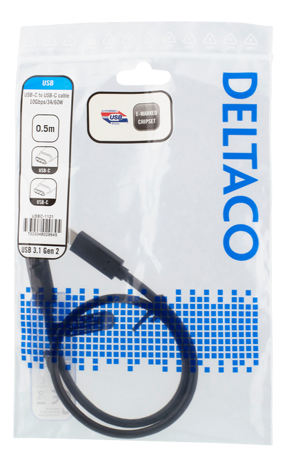 DELTACO USBC-1121 USB-C naar USB-C SuperSpeed kabel 3A 60W (3.1 Gen 2) - 50cm - Zwart