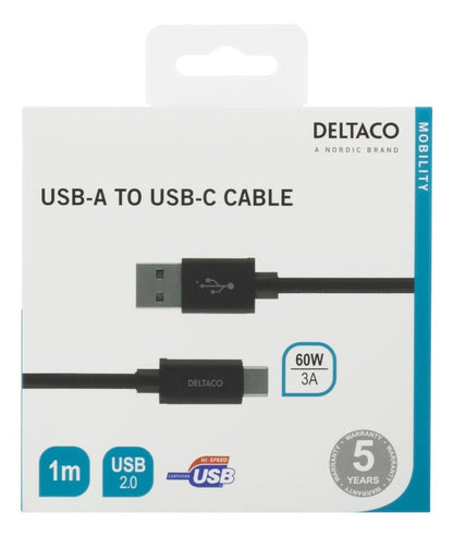 DELTACO USBC-1132M USB-A naar USB-C-kabel - gevlochten - 1 meter - Zwart